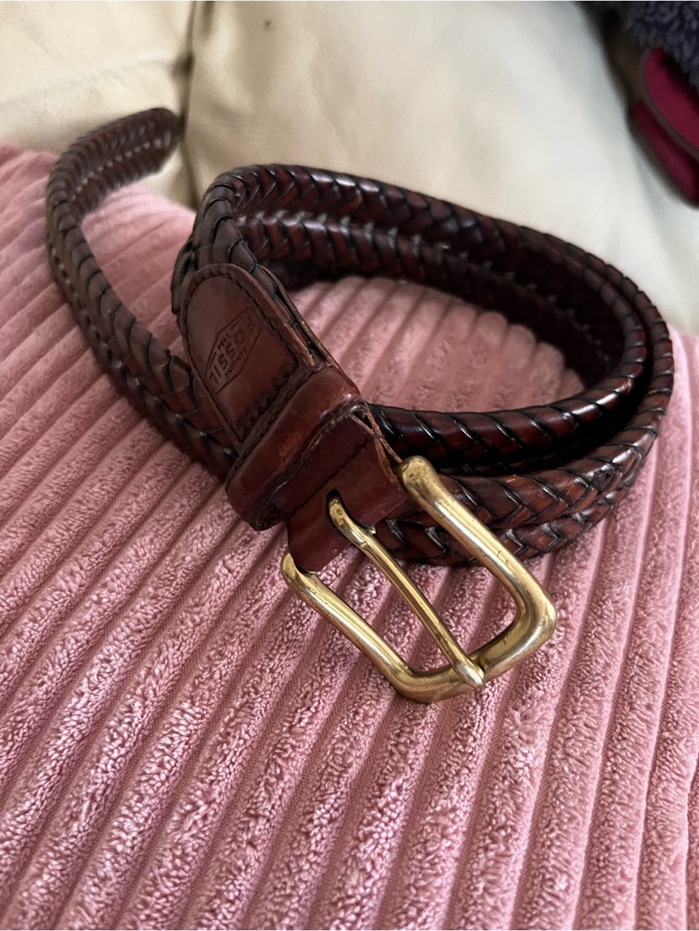 Fossil Men's Sz38 (see desc) Brown Braided Leather Belt, Solid Brass Buckle